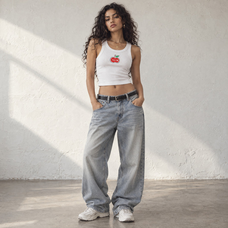 Model wearing the Apple Rib Crop Tank, front view, in a sunlit studio